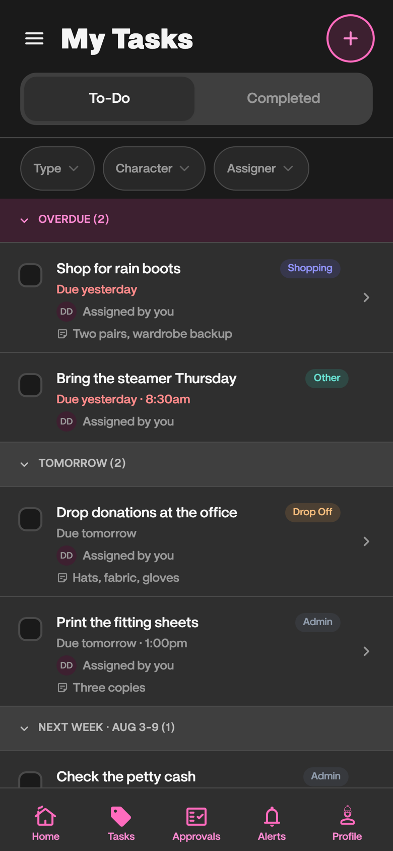 The My Tasks screen: tasks grouped under Overdue, Tomorrow and Next Week, each showing its due date, who assigned it, and a tag like Shopping or Admin.