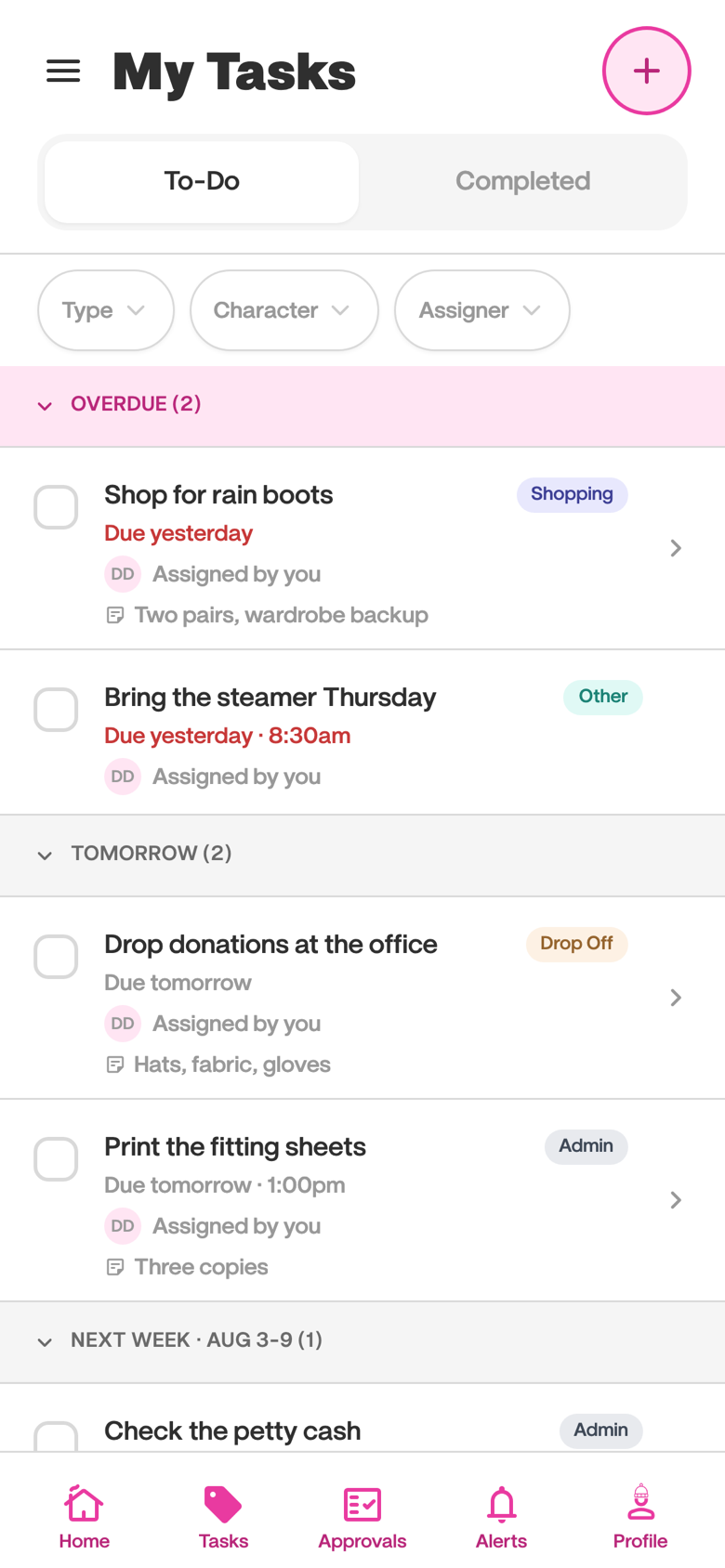The My Tasks screen: tasks grouped under Overdue, Tomorrow and Next Week, each showing its due date, who assigned it, and a tag like Shopping or Admin.